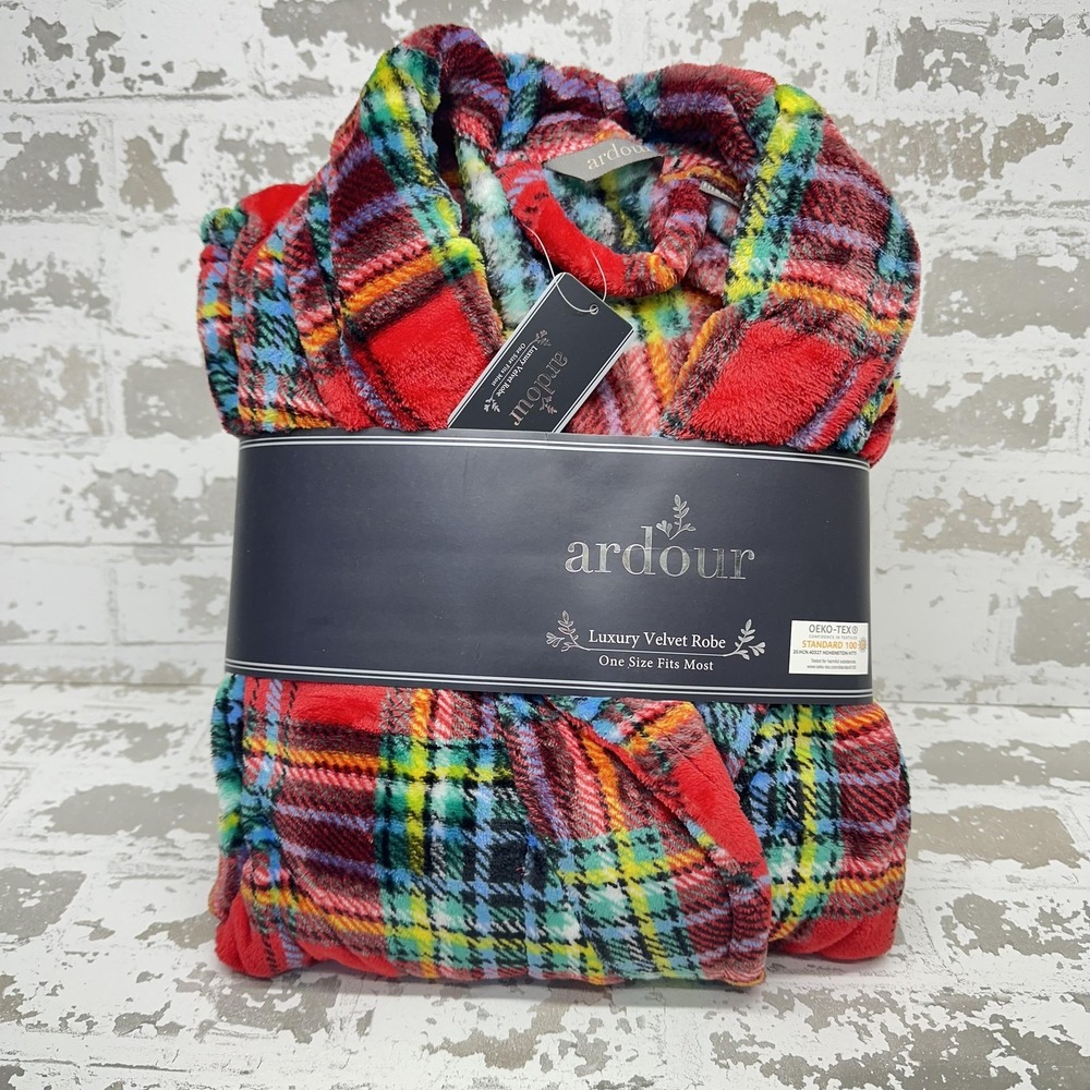 Ardour Luxury Velvet Robe Womens One Size Red Plaid Fleece Tie‎ Belt Long Sleeve